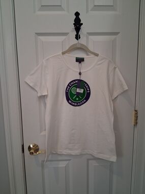 Wimbledon White Tee with Purple and Green Crest